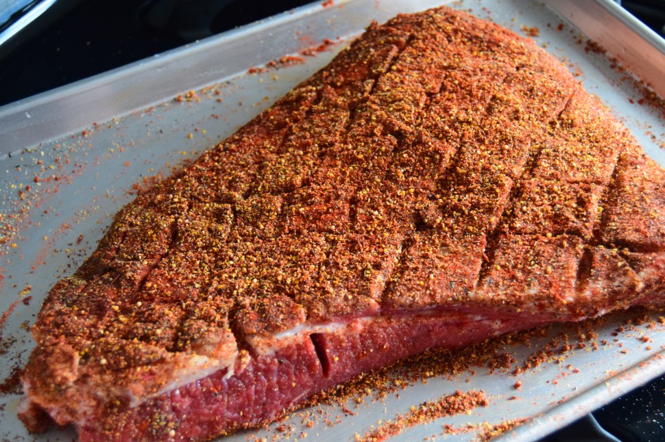 Scored and seasoned.